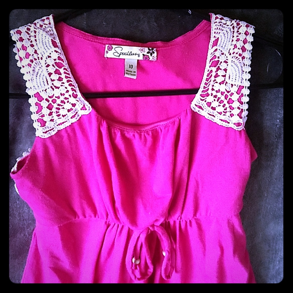 Long pink maxi dress with white crochet overlay